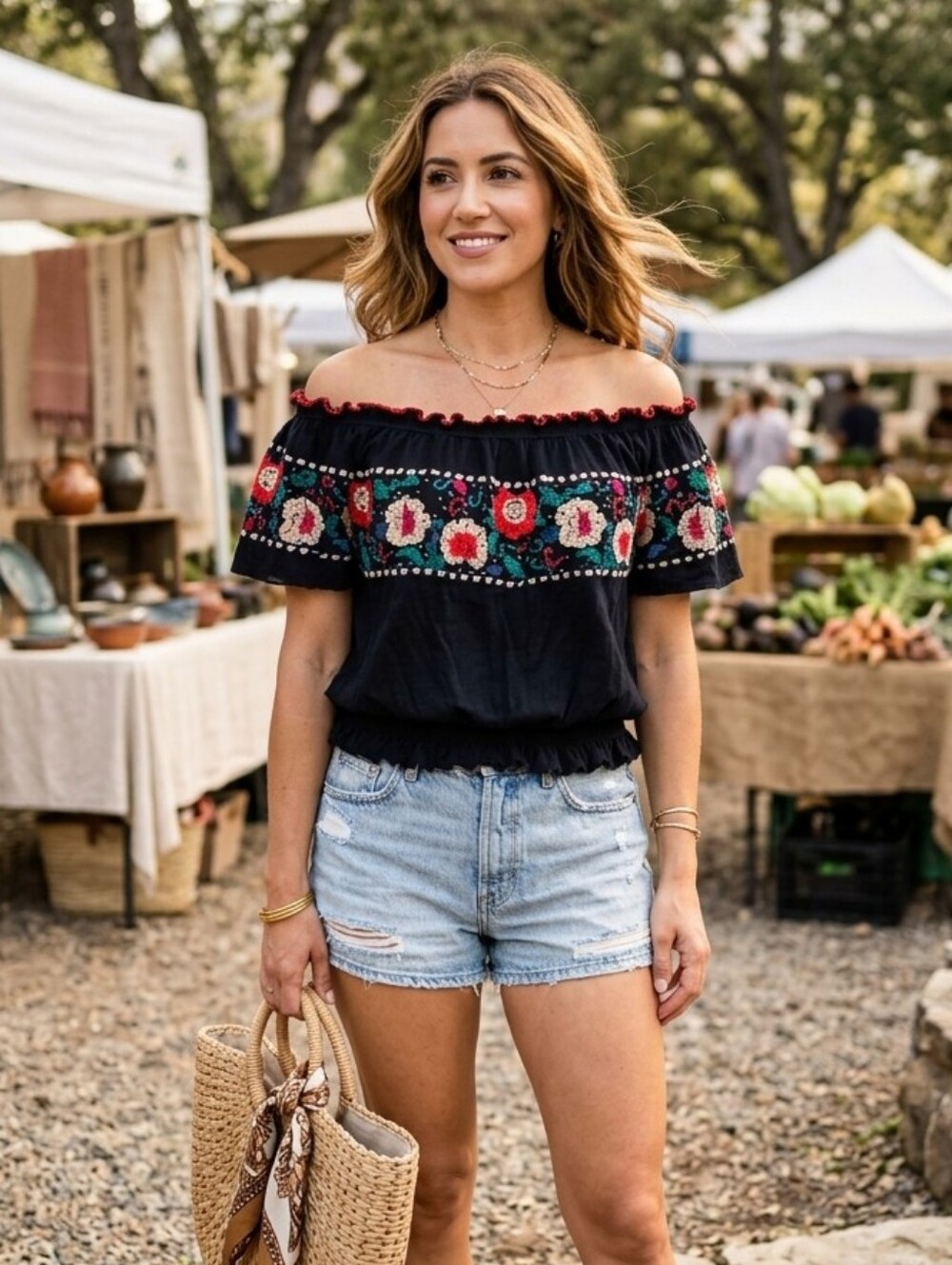 Free People Black Off-Shoulder Floral Embroidered Top Size XS